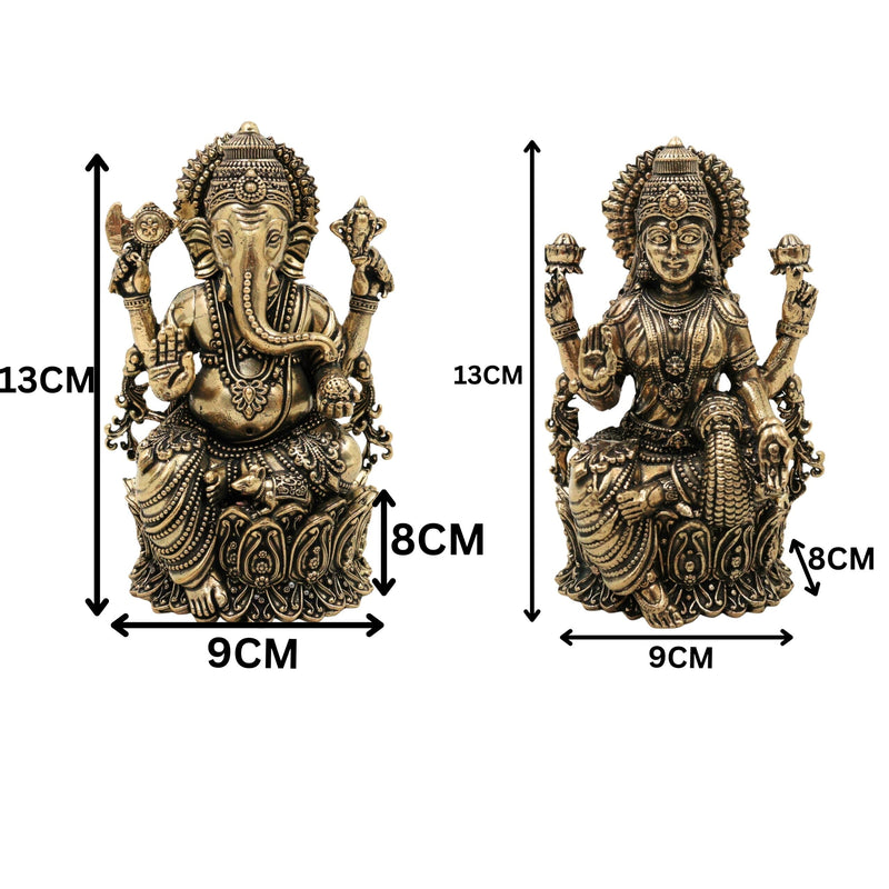 Brass Ganesha Lakshmi Idol, Handcrafted Lakshmi Ganapati Murti, Sri Lakshmi Sahita Ganesh Vigraham for Puja, Home Decor & Prosperity, Gold, 5 Inch, 2 Piece