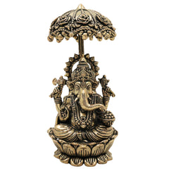 Brass Ganesha Idol with Umbrella, Handcrafted Vinayaka Ganapati Vinayagar Pillaiyar Murti, Mangalmurti Vighnaharta for Pooja Home Decor Gifts, Gold, 4.5 Inch, 1 Piece