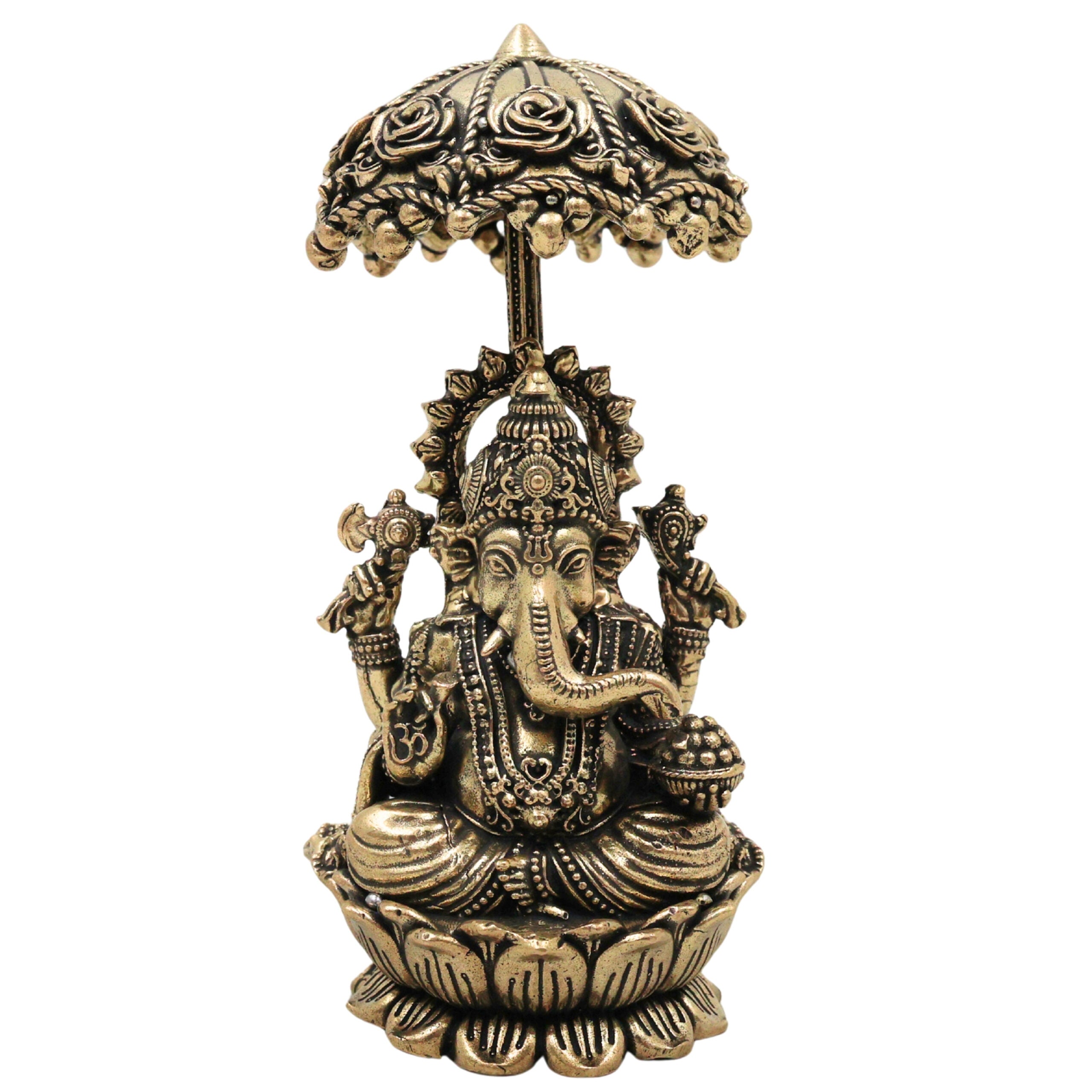 Brass Ganesha Idol with Umbrella, Handcrafted Vinayaka Ganapati Vinayagar Pillaiyar Murti, Mangalmurti Vighnaharta for Pooja Home Decor Gifts, Gold, 4.5 Inch, 1 Piece