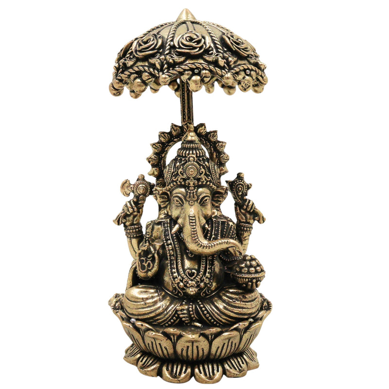 Brass Ganesha Idol with Umbrella, Handcrafted Vinayaka Ganapati Vinayagar Pillaiyar Murti, Mangalmurti Vighnaharta for Pooja Home Decor Gifts, Gold, 4.5 Inch, 1 Piece
