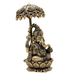 Brass Ganesha Idol with Umbrella, Handcrafted Vinayaka Ganapati Vinayagar Pillaiyar Murti, Mangalmurti Vighnaharta for Pooja Home Decor Gifts, Gold, 4.5 Inch, 1 Piece