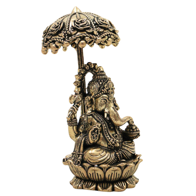 Brass Ganesha Idol with Umbrella, Handcrafted Vinayaka Ganapati Vinayagar Pillaiyar Murti, Mangalmurti Vighnaharta for Pooja Home Decor Gifts, Gold, 4.5 Inch, 1 Piece