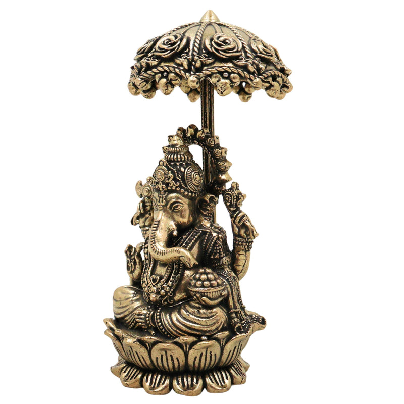 Brass Ganesha Idol with Umbrella, Handcrafted Vinayaka Ganapati Vinayagar Pillaiyar Murti, Mangalmurti Vighnaharta for Pooja Home Decor Gifts, Gold, 4.5 Inch, 1 Piece