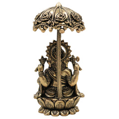 Brass Ganesha Idol with Umbrella, Handcrafted Vinayaka Ganapati Vinayagar Pillaiyar Murti, Mangalmurti Vighnaharta for Pooja Home Decor Gifts, Gold, 4.5 Inch, 1 Piece