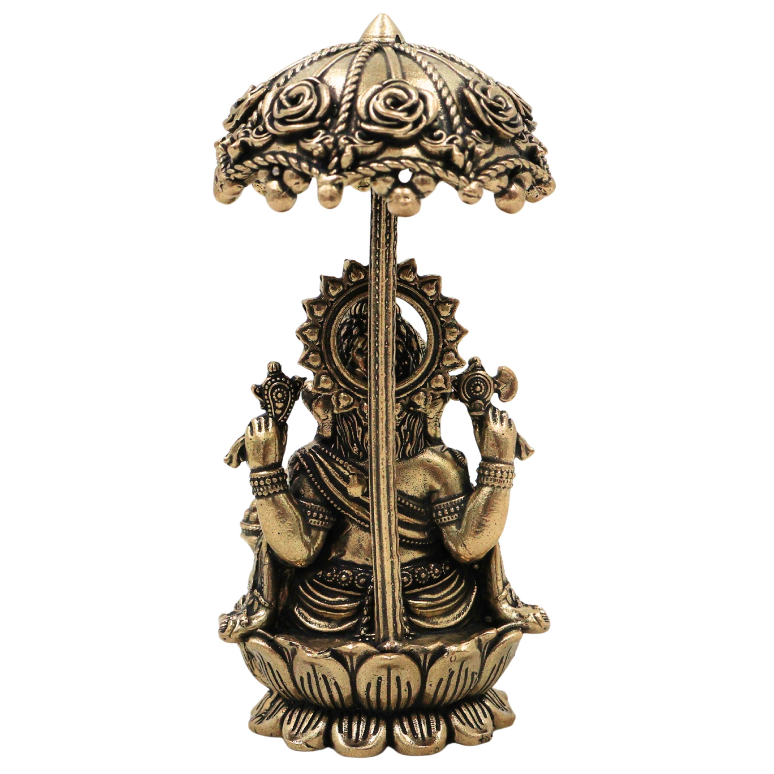 Brass Ganesha Idol with Umbrella, Handcrafted Vinayaka Ganapati Vinayagar Pillaiyar Murti, Mangalmurti Vighnaharta for Pooja Home Decor Gifts, Gold, 4.5 Inch, 1 Piece