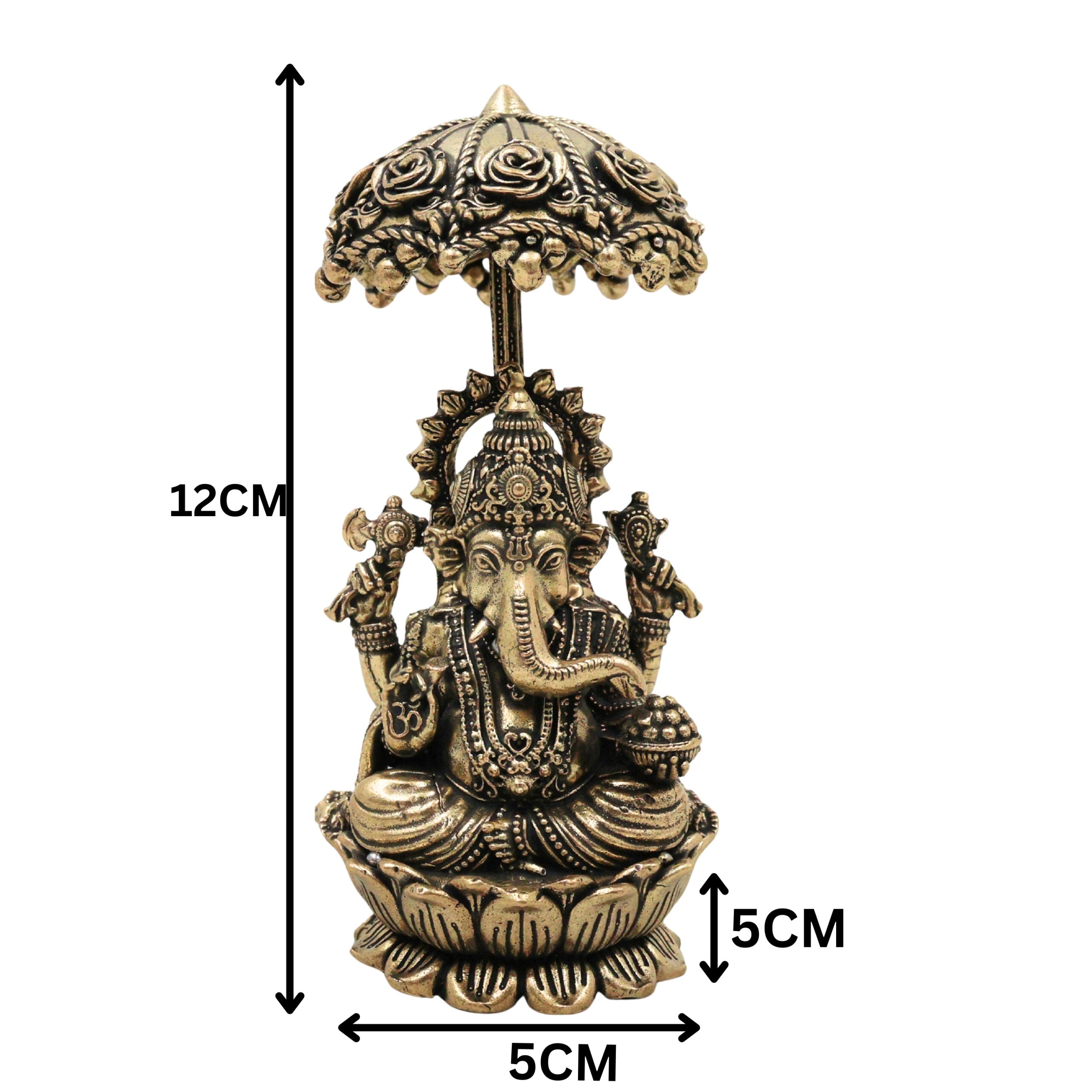 Brass Ganesha Idol with Umbrella, Handcrafted Vinayaka Ganapati Vinayagar Pillaiyar Murti, Mangalmurti Vighnaharta for Pooja Home Decor Gifts, Gold, 4.5 Inch, 1 Piece