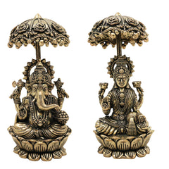 Brass Lakshmi Ganapati Idol with Umbrella, Handcrafted Ganesha Lakshmi Murti, Lakshmi Sahita Ganesh Vigraham for Pooja, Vastu, Diwali & Home Decor, Gold, 4.5 Inch, 2Piece