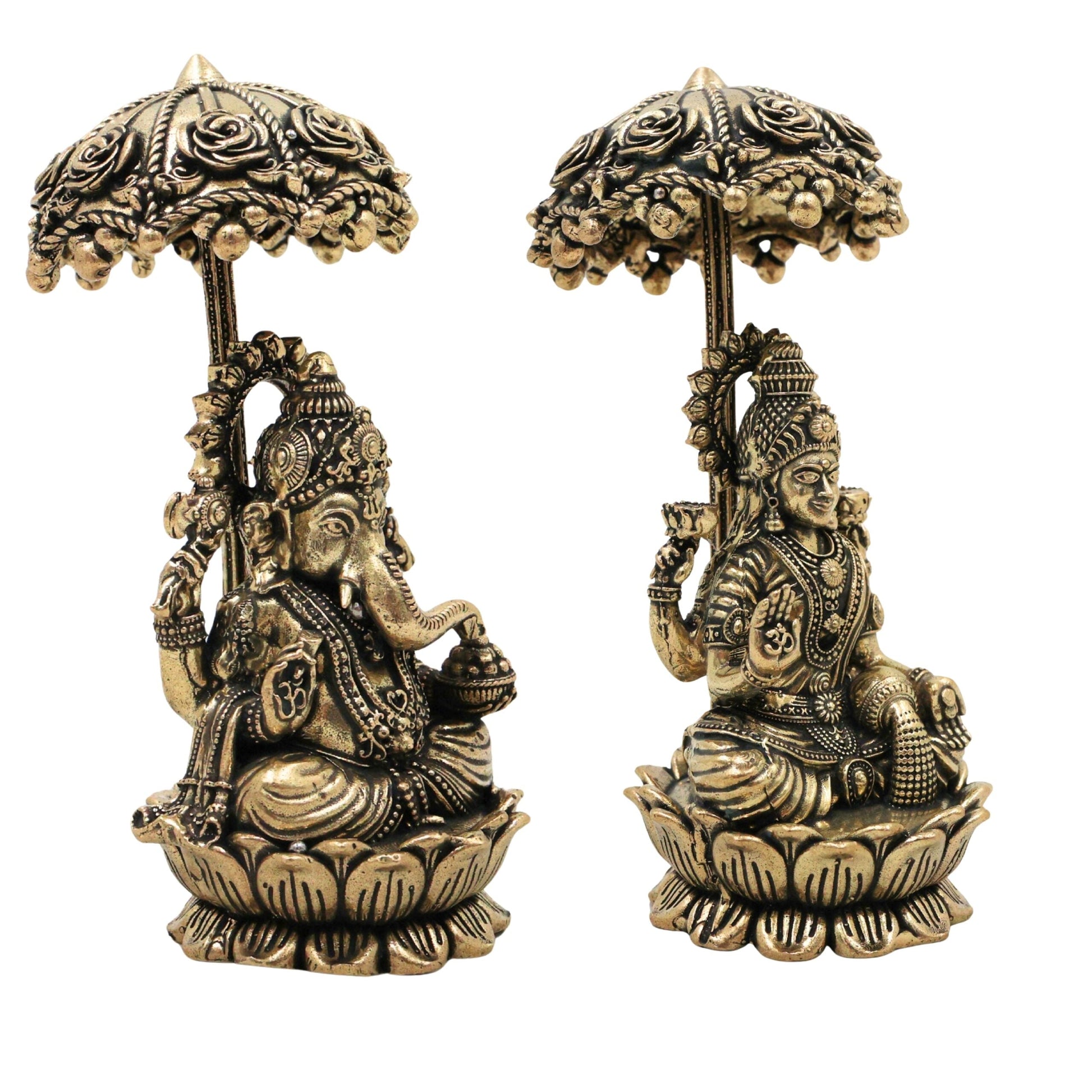 Brass Lakshmi Ganapati Idol with Umbrella, Handcrafted Ganesha Lakshmi Murti, Lakshmi Sahita Ganesh Vigraham for Pooja, Vastu, Diwali & Home Decor, Gold, 4.5 Inch, 2Piece