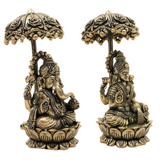 Brass Lakshmi Ganapati Idol with Umbrella, Handcrafted Ganesha Lakshmi Murti, Lakshmi Sahita Ganesh Vigraham for Pooja, Vastu, Diwali & Home Decor, Gold, 4.5 Inch, 2Piece