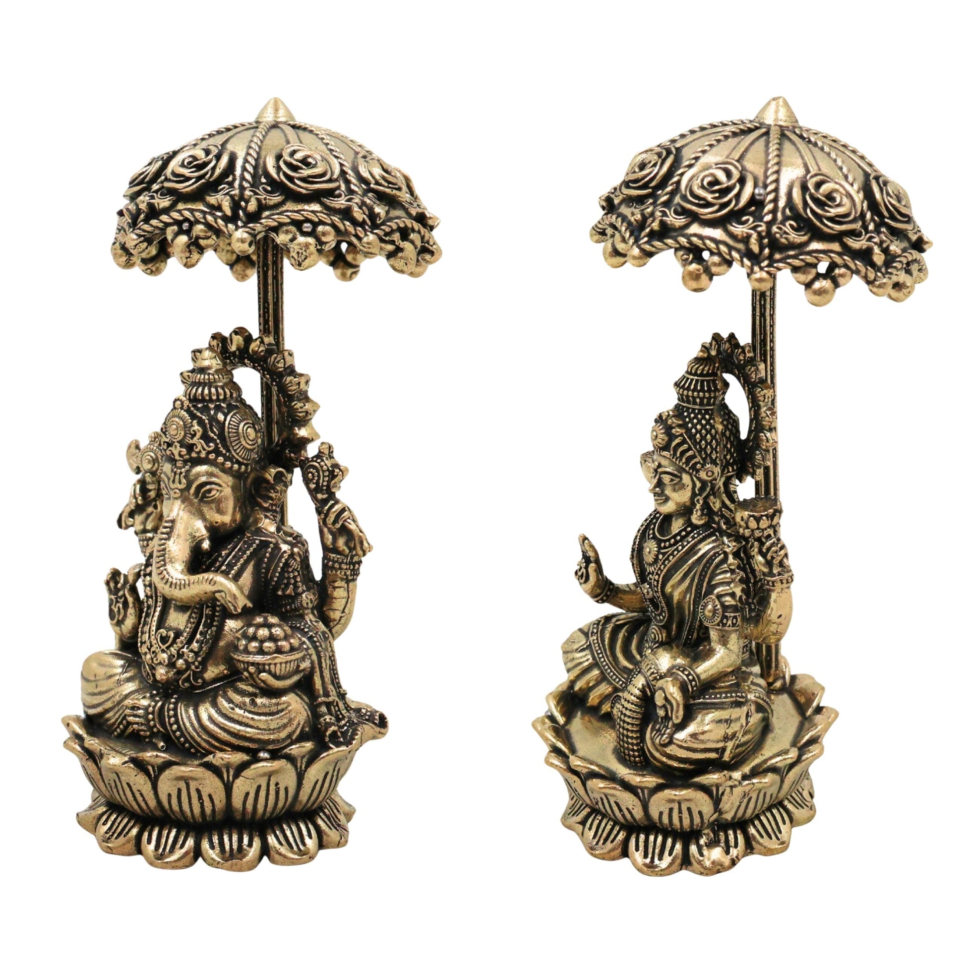 Brass Lakshmi Ganapati Idol with Umbrella, Handcrafted Ganesha Lakshmi Murti, Lakshmi Sahita Ganesh Vigraham for Pooja, Vastu, Diwali & Home Decor, Gold, 4.5 Inch, 2Piece