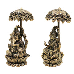 Brass Lakshmi Ganapati Idol with Umbrella, Handcrafted Ganesha Lakshmi Murti, Lakshmi Sahita Ganesh Vigraham for Pooja, Vastu, Diwali & Home Decor, Gold, 4.5 Inch, 2Piece