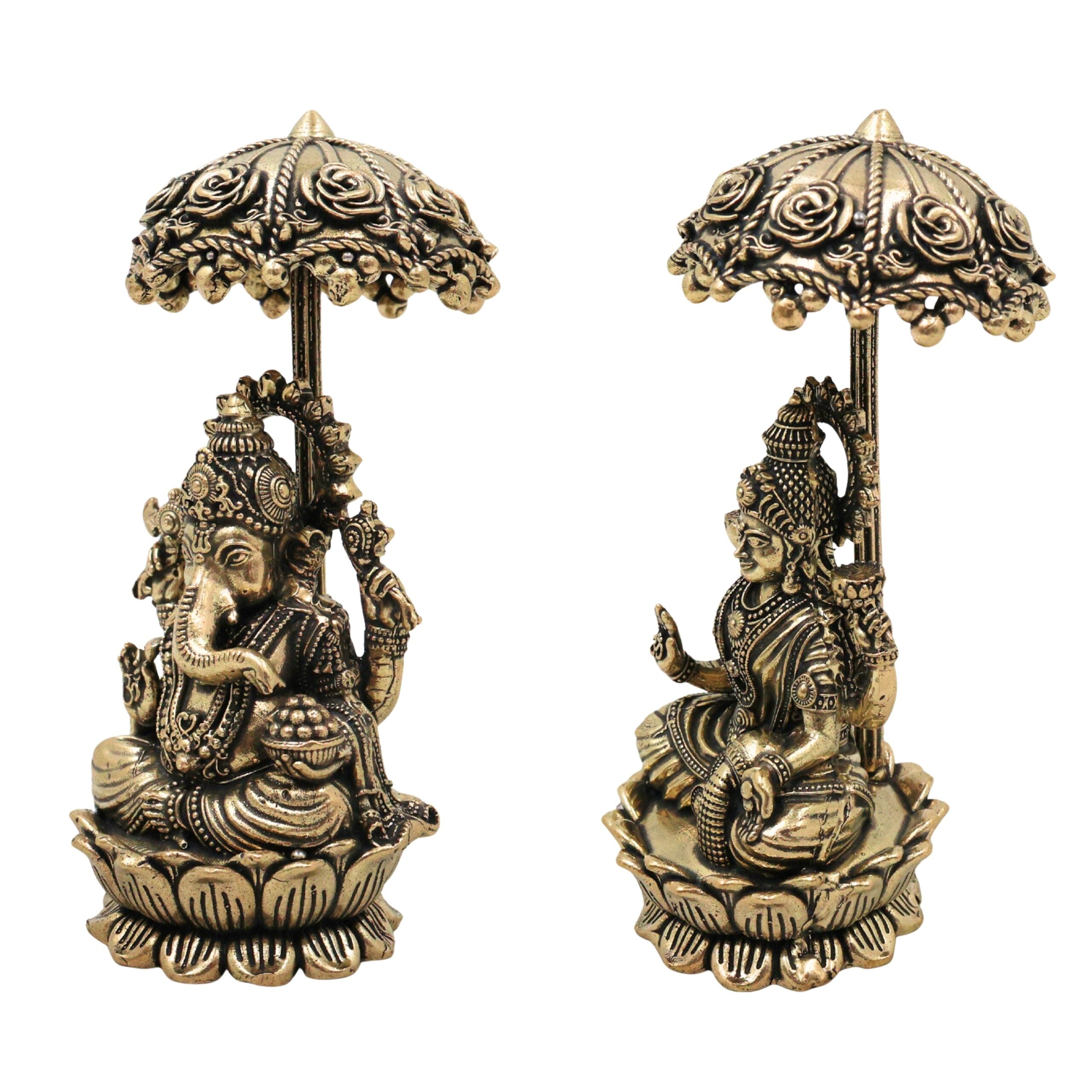 Brass Lakshmi Ganapati Idol with Umbrella, Handcrafted Ganesha Lakshmi Murti, Lakshmi Sahita Ganesh Vigraham for Pooja, Vastu, Diwali & Home Decor, Gold, 4.5 Inch, 2Piece