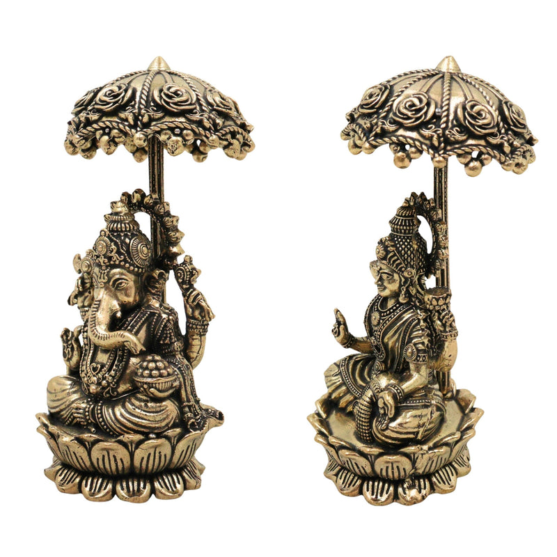 Brass Lakshmi Ganapati Idol with Umbrella, Handcrafted Ganesha Lakshmi Murti, Lakshmi Sahita Ganesh Vigraham for Pooja, Vastu, Diwali & Home Decor, Gold, 4.5 Inch, 2Piece