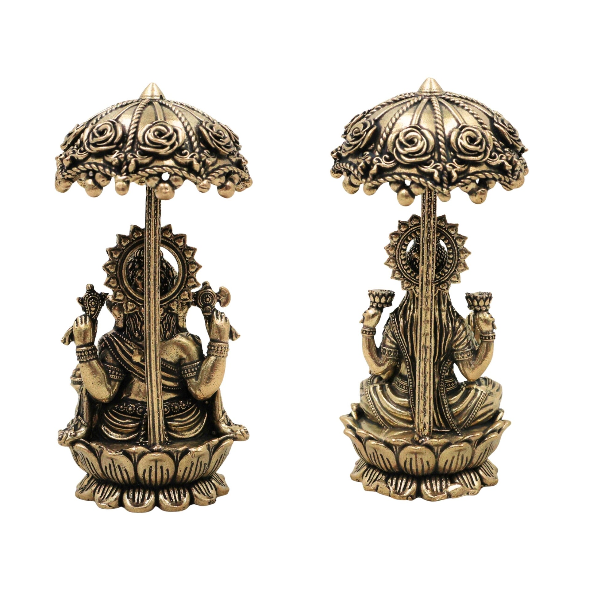 Brass Lakshmi Ganapati Idol with Umbrella, Handcrafted Ganesha Lakshmi Murti, Lakshmi Sahita Ganesh Vigraham for Pooja, Vastu, Diwali & Home Decor, Gold, 4.5 Inch, 2Piece