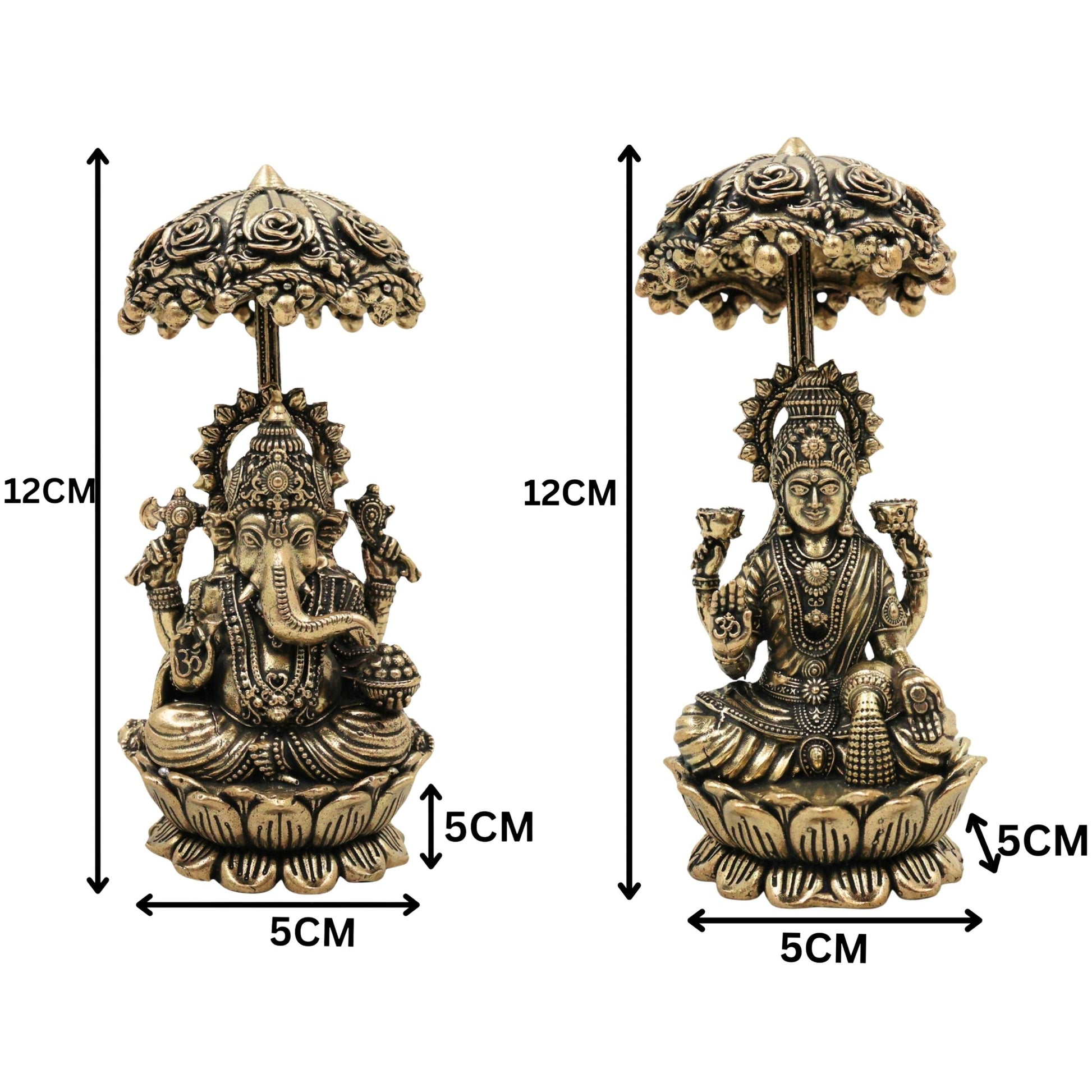 Brass Lakshmi Ganapati Idol with Umbrella, Handcrafted Ganesha Lakshmi Murti, Lakshmi Sahita Ganesh Vigraham for Pooja, Vastu, Diwali & Home Decor, Gold, 4.5 Inch, 2Piece