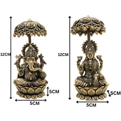 Brass Lakshmi Ganapati Idol with Umbrella, Handcrafted Ganesha Lakshmi Murti, Lakshmi Sahita Ganesh Vigraham for Pooja, Vastu, Diwali & Home Decor, Gold, 4.5 Inch, 2Piece