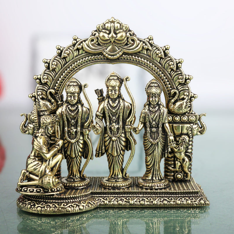 Brass Ram Darbar Murti, Handcrafted Shri Ram Parivar Idol with Sita Lakshman Hanuman, Traditional Pooja Vigraha for Home Mandir & Sacred Decor, Gold, 4 Inch, 1 Piece