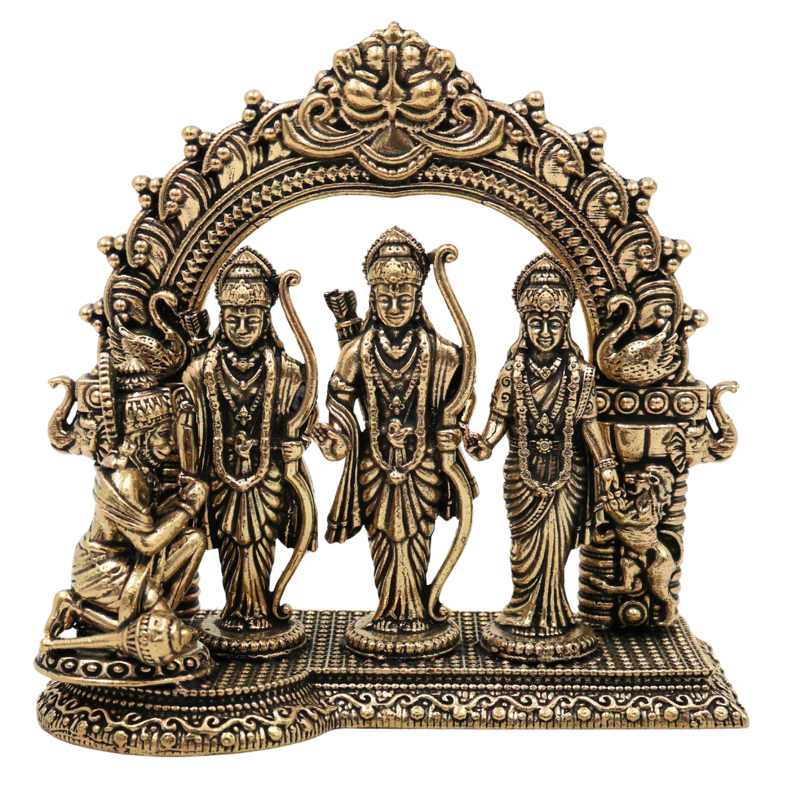 Brass Ram Darbar Murti, Handcrafted Shri Ram Parivar Idol with Sita Lakshman Hanuman, Traditional Pooja Vigraha for Home Mandir & Sacred Decor, Gold, 4 Inch, 1 Piece