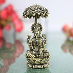 Brass Mahalakshmi Idol with Umbrella, Handcrafted Shri Lakshmi Padmavati Kamala Indira Devi Murti for Pooja, Home Decor & Gifts, Gold, 4.5 Inch, 1 Piece