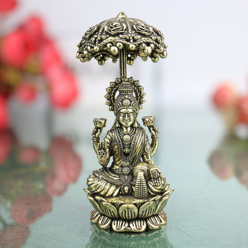 Brass Mahalakshmi Idol with Umbrella, Handcrafted Shri Lakshmi Padmavati Kamala Indira Devi Murti for Pooja, Home Decor & Gifts, Gold, 4.5 Inch, 1 Piece