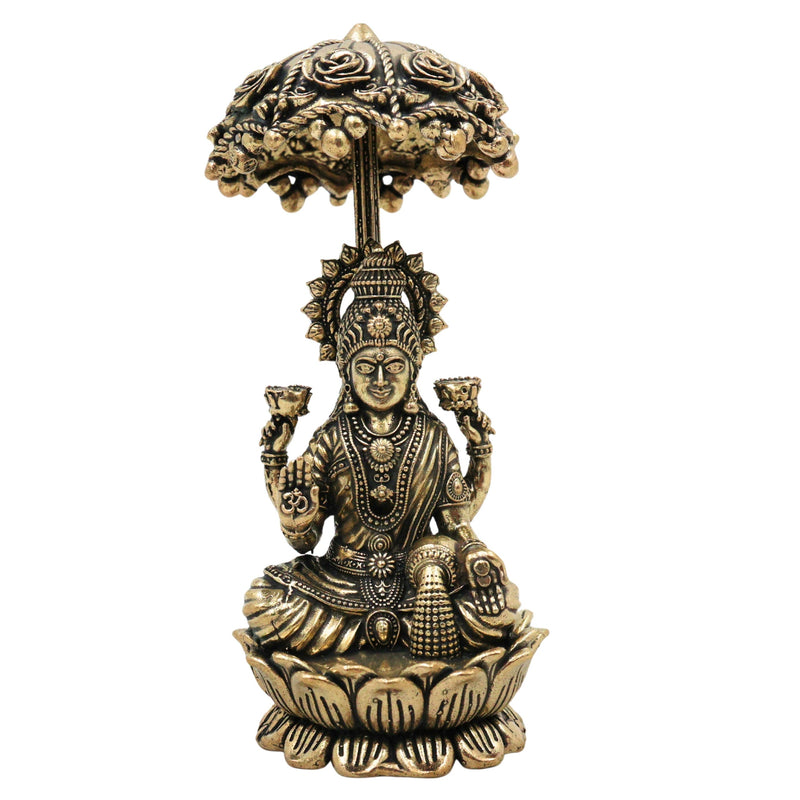 Brass Mahalakshmi Idol with Umbrella, Handcrafted Shri Lakshmi Padmavati Kamala Indira Devi Murti for Pooja, Home Decor & Gifts, Gold, 4.5 Inch, 1 Piece