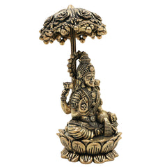 Brass Mahalakshmi Idol with Umbrella, Handcrafted Shri Lakshmi Padmavati Kamala Indira Devi Murti for Pooja, Home Decor & Gifts, Gold, 4.5 Inch, 1 Piece