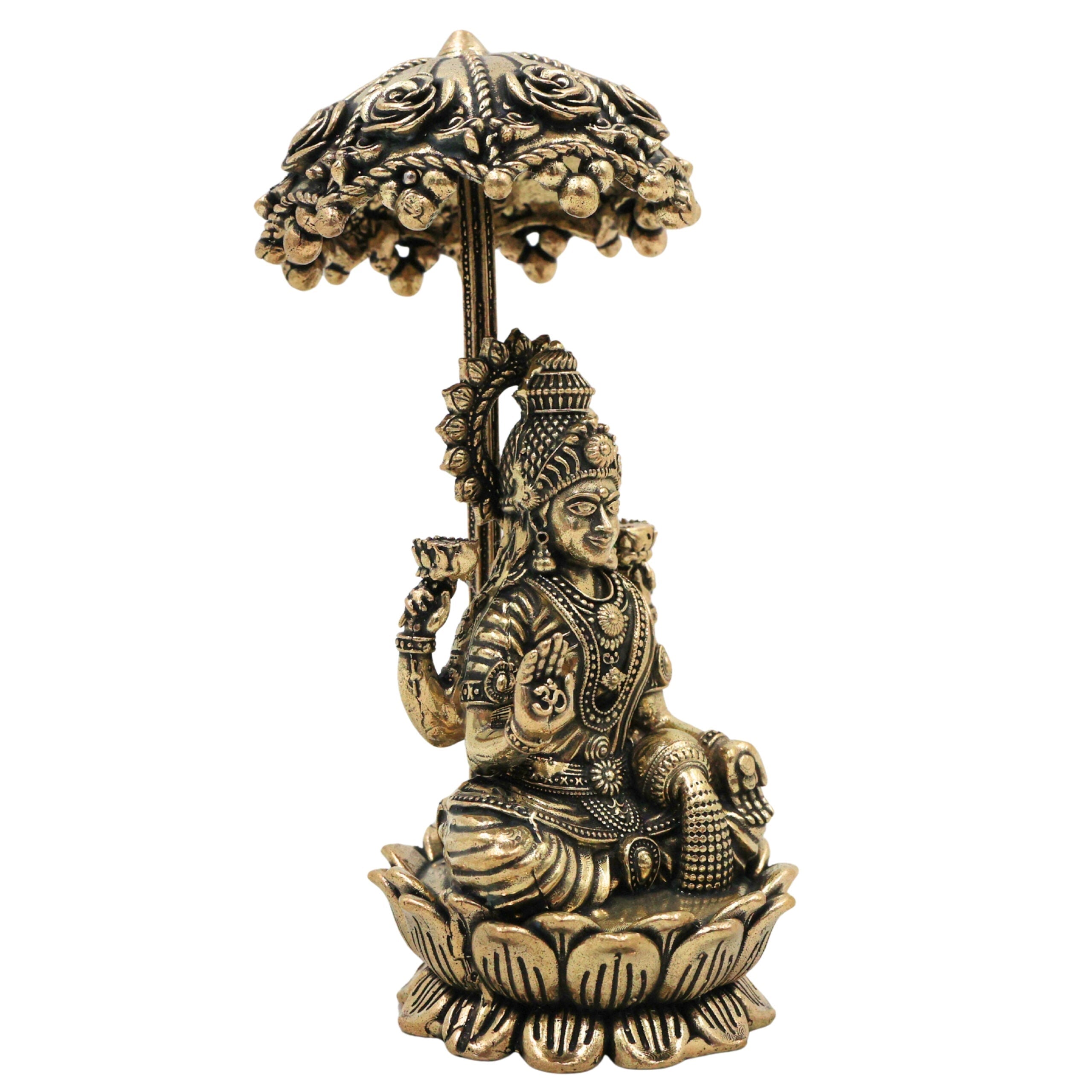 Brass Mahalakshmi Idol with Umbrella, Handcrafted Shri Lakshmi Padmavati Kamala Indira Devi Murti for Pooja, Home Decor & Gifts, Gold, 4.5 Inch, 1 Piece