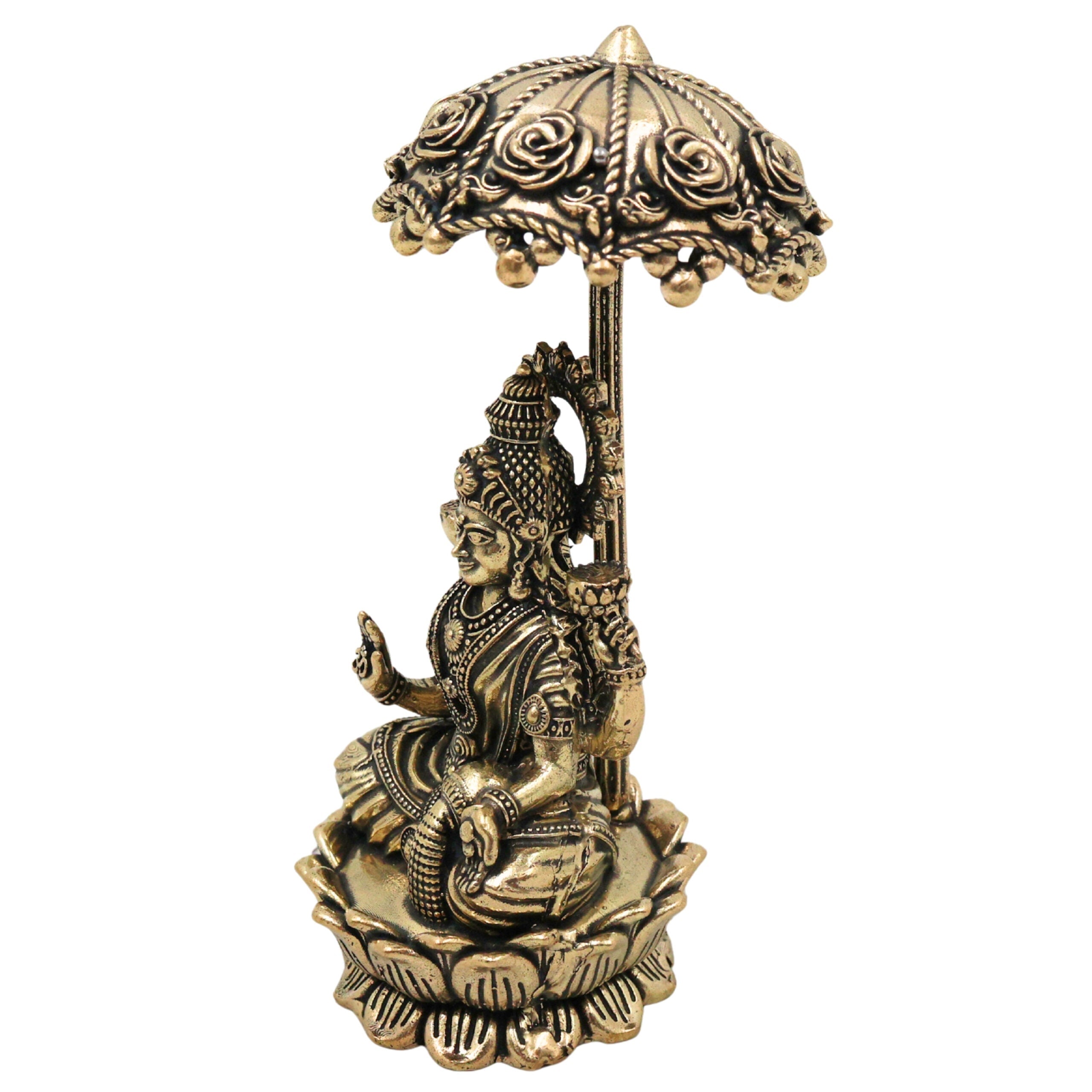 Brass Mahalakshmi Idol with Umbrella, Handcrafted Shri Lakshmi Padmavati Kamala Indira Devi Murti for Pooja, Home Decor & Gifts, Gold, 4.5 Inch, 1 Piece