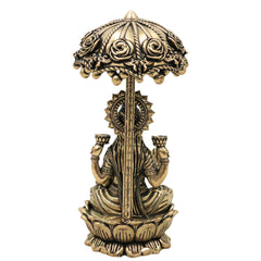 Brass Mahalakshmi Idol with Umbrella, Handcrafted Shri Lakshmi Padmavati Kamala Indira Devi Murti for Pooja, Home Decor & Gifts, Gold, 4.5 Inch, 1 Piece