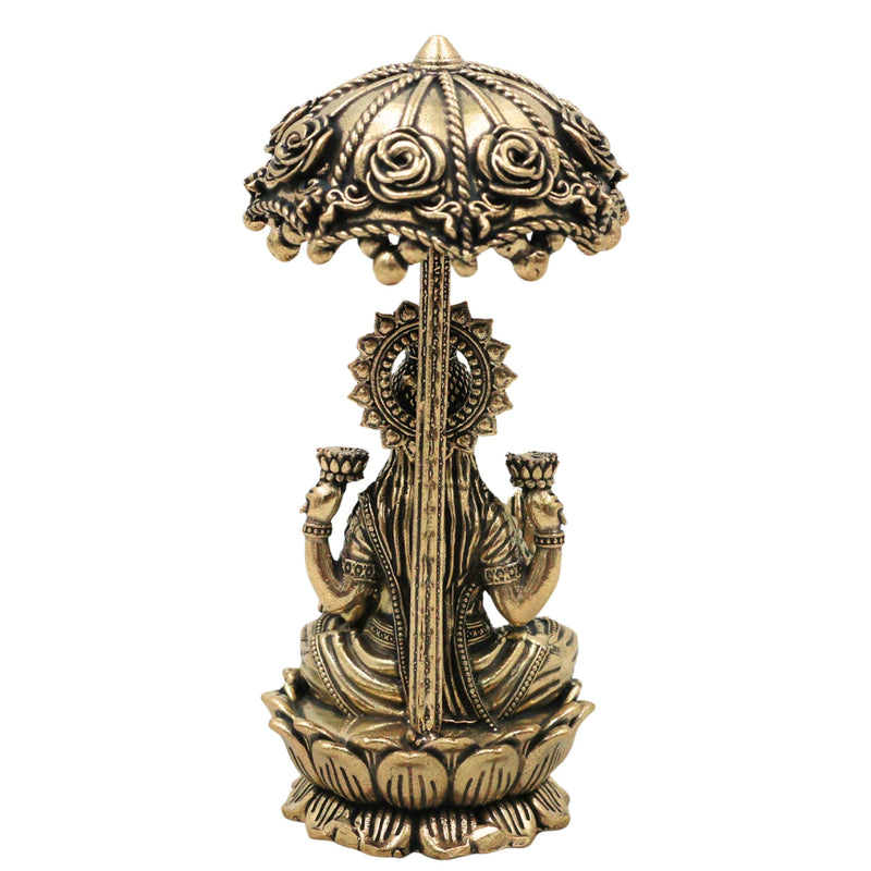 Brass Mahalakshmi Idol with Umbrella, Handcrafted Shri Lakshmi Padmavati Kamala Indira Devi Murti for Pooja, Home Decor & Gifts, Gold, 4.5 Inch, 1 Piece
