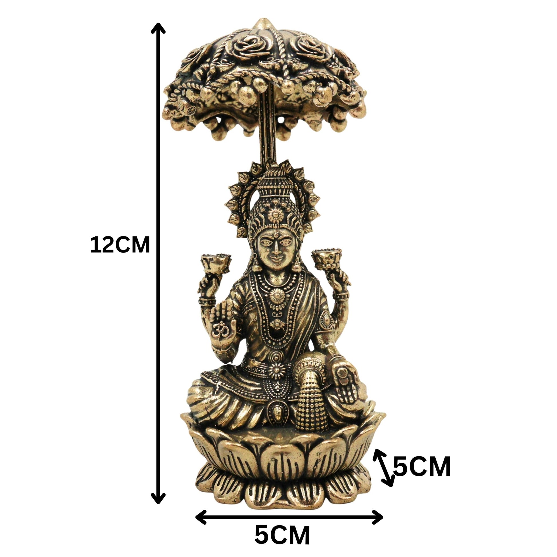 Brass Mahalakshmi Idol with Umbrella, Handcrafted Shri Lakshmi Padmavati Kamala Indira Devi Murti for Pooja, Home Decor & Gifts, Gold, 4.5 Inch, 1 Piece