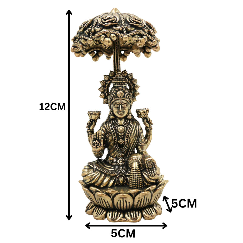 Brass Mahalakshmi Idol with Umbrella, Handcrafted Shri Lakshmi Padmavati Kamala Indira Devi Murti for Pooja, Home Decor & Gifts, Gold, 4.5 Inch, 1 Piece