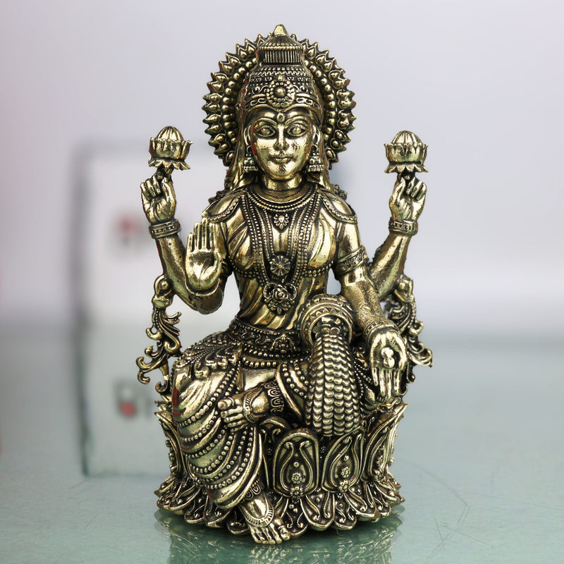 Brass Mahalakshmi Idol, Handcrafted Shri Lakshmi Devi Murti, Kamala Padmavati Indira Bhargavi Vigraha for Pooja Home Decor Gifts, Gold, 3 Inch, 1 Piece