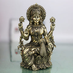 Brass Mahalakshmi Idol, Handcrafted Shri Lakshmi Padmavati Kamala Devi Murti, Pittal Lakshmi Vigraha for Pooja, Home Decor & Auspicious Gifts, Gold, 5 Inch, 1 Piece