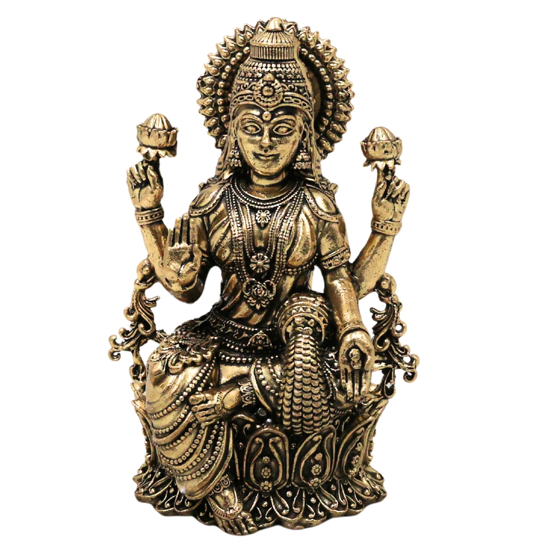 Brass Mahalakshmi Idol Sri Lakshmi Murti Peetal Ashtalakshmi Vigraha Kamala Indira Dhana Gaja Varalakshmi Moorthi for Puja Home Decor Gift, Gold, 4 Inch, 1 Piece