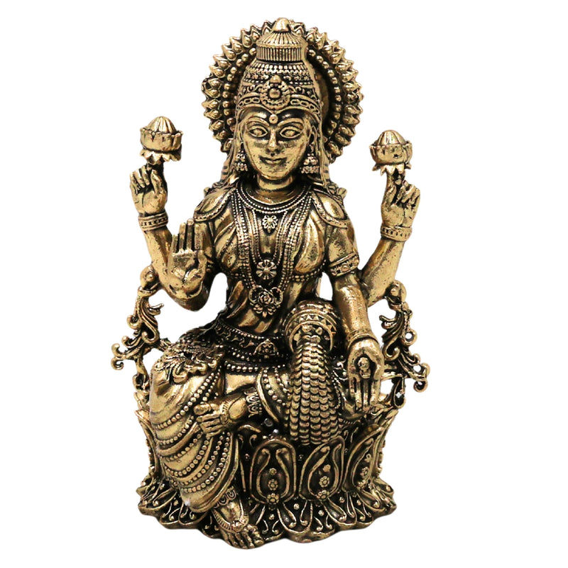 Brass Mahalakshmi Idol Sri Lakshmi Murti Peetal Ashtalakshmi Vigraha Kamala Indira Dhana Gaja Varalakshmi Moorthi for Puja Home Decor Gift, Gold, 4 Inch, 1 Piece