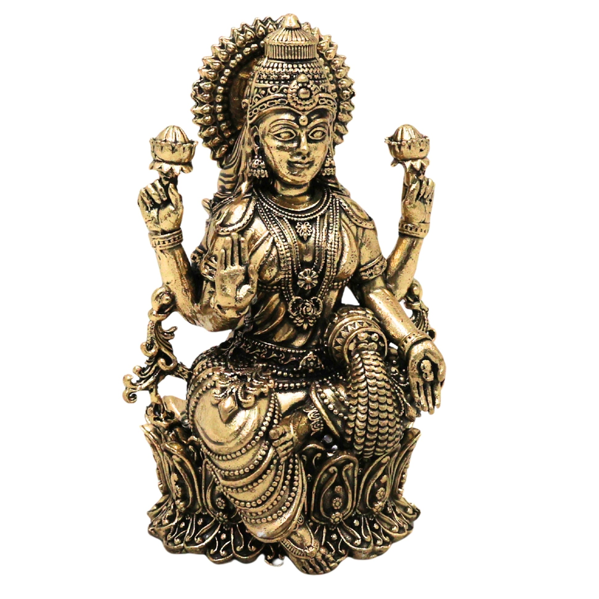 Brass Mahalakshmi Idol Sri Lakshmi Murti Peetal Ashtalakshmi Vigraha Kamala Indira Dhana Gaja Varalakshmi Moorthi for Puja Home Decor Gift, Gold, 4 Inch, 1 Piece