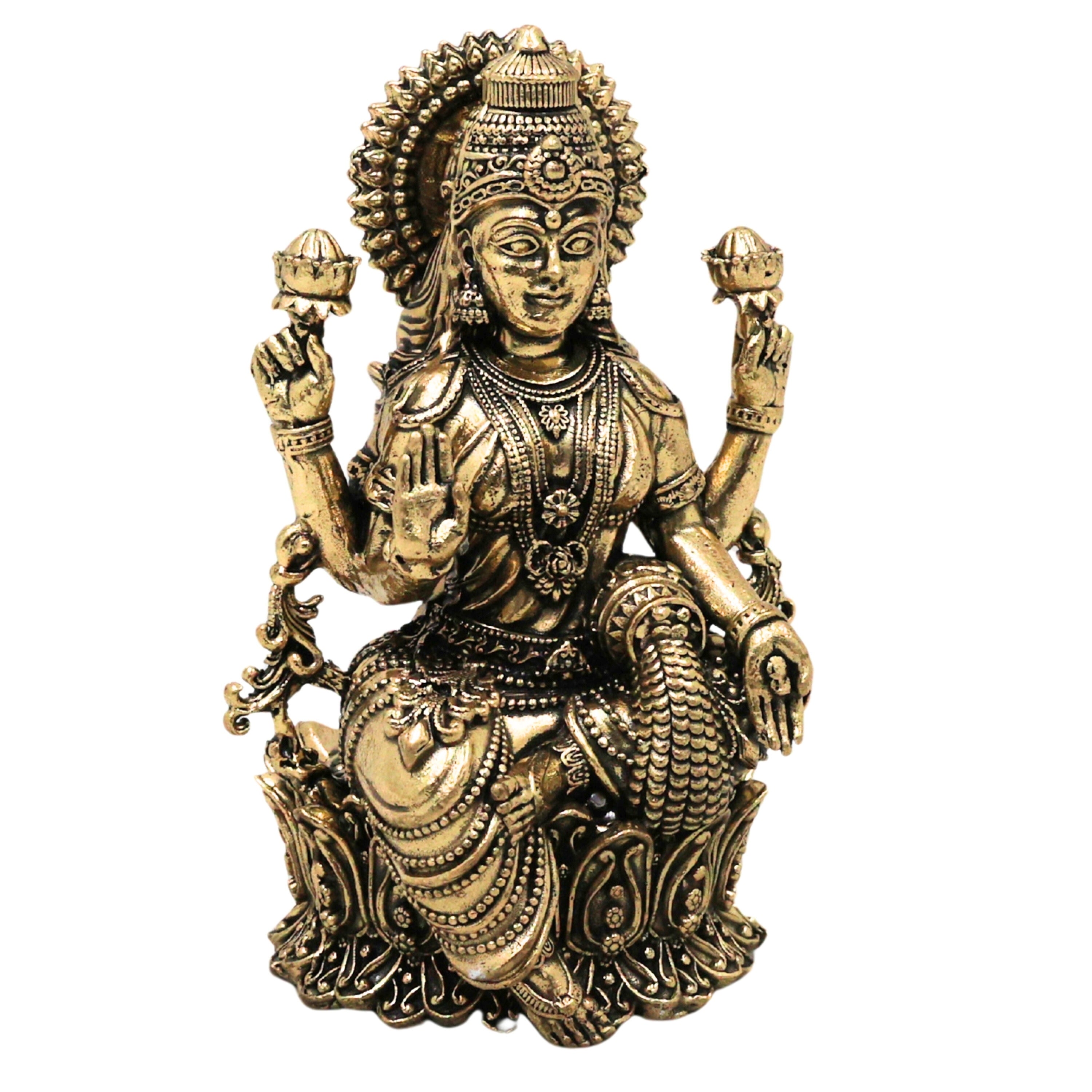 Brass Mahalakshmi Idol Sri Lakshmi Murti Peetal Ashtalakshmi Vigraha Kamala Indira Dhana Gaja Varalakshmi Moorthi for Puja Home Decor Gift, Gold, 4 Inch, 1 Piece