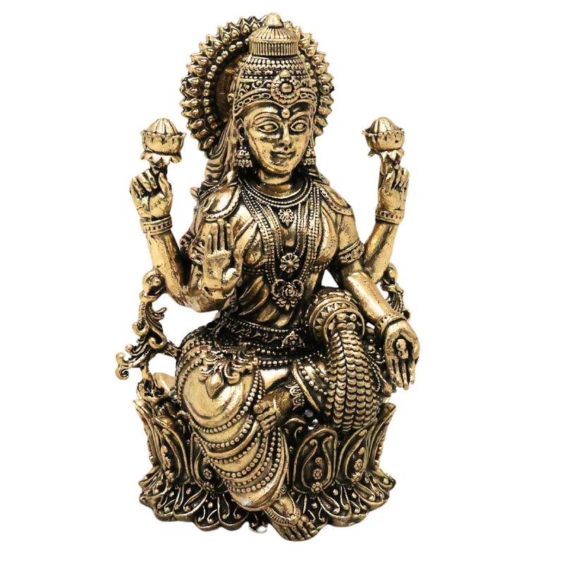 Brass Mahalakshmi Idol Sri Lakshmi Murti Peetal Ashtalakshmi Vigraha Kamala Indira Dhana Gaja Varalakshmi Moorthi for Puja Home Decor Gift, Gold, 4 Inch, 1 Piece