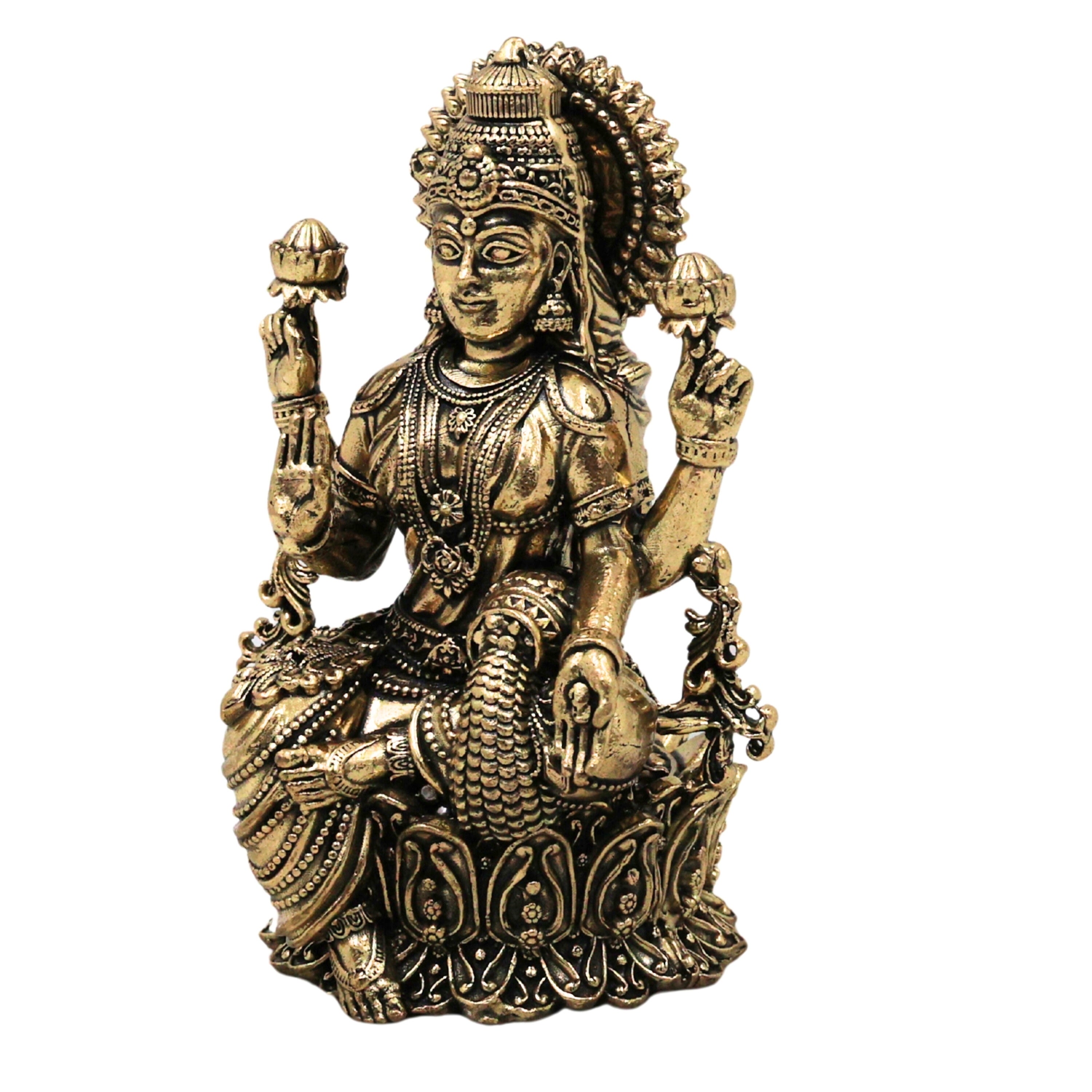 Brass Mahalakshmi Idol Sri Lakshmi Murti Peetal Ashtalakshmi Vigraha Kamala Indira Dhana Gaja Varalakshmi Moorthi for Puja Home Decor Gift, Gold, 4 Inch, 1 Piece