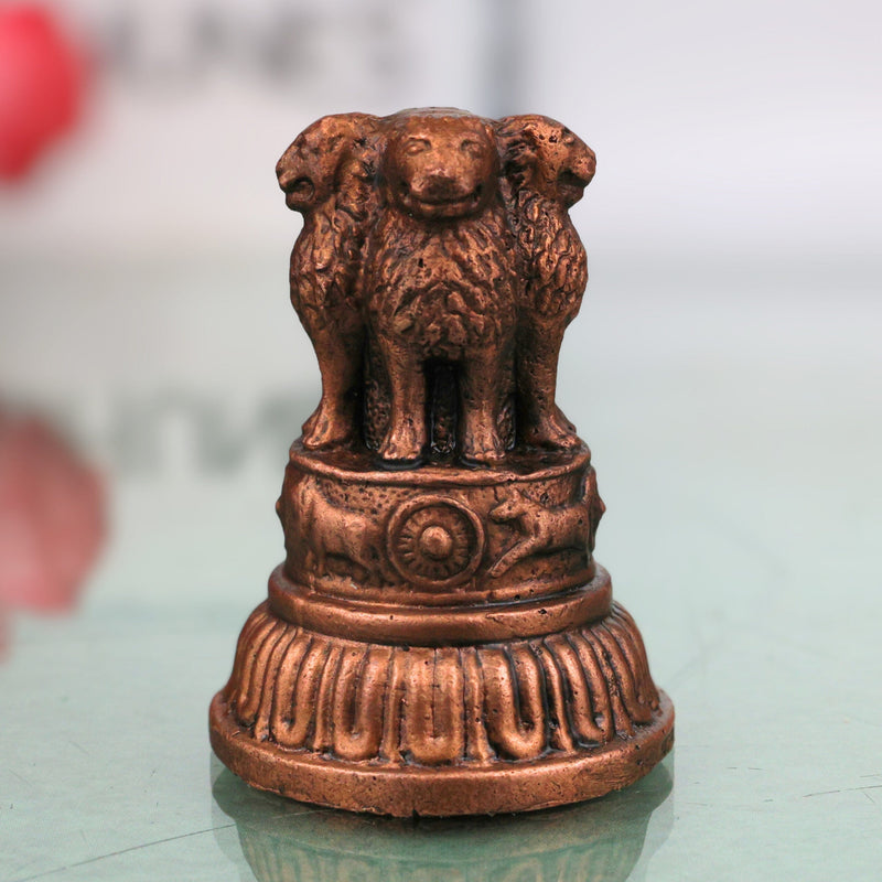 Copper Ashoka Stambh Idol, Handcrafted Ashokan Lion Capital National Emblem Murti, Tamra Tamraloha Rashtriya Chinh Sculpture for Home Office Decor, Brown, 2 Inch, 1 Piece