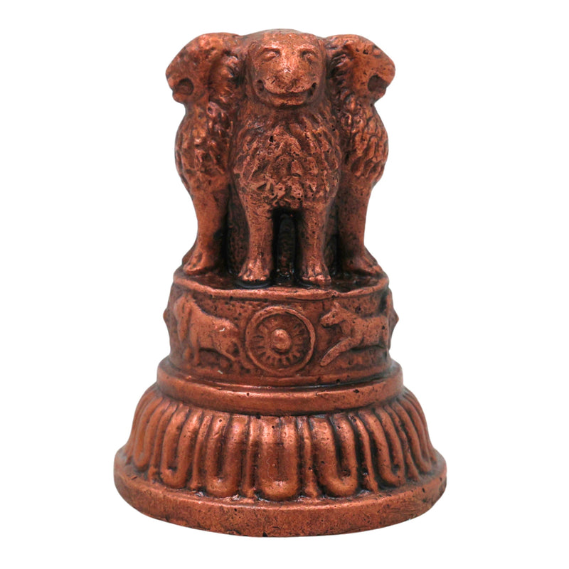 Copper Ashoka Stambh Idol, Handcrafted Ashokan Lion Capital National Emblem Murti, Tamra Tamraloha Rashtriya Chinh Sculpture for Home Office Decor, Brown, 2 Inch, 1 Piece