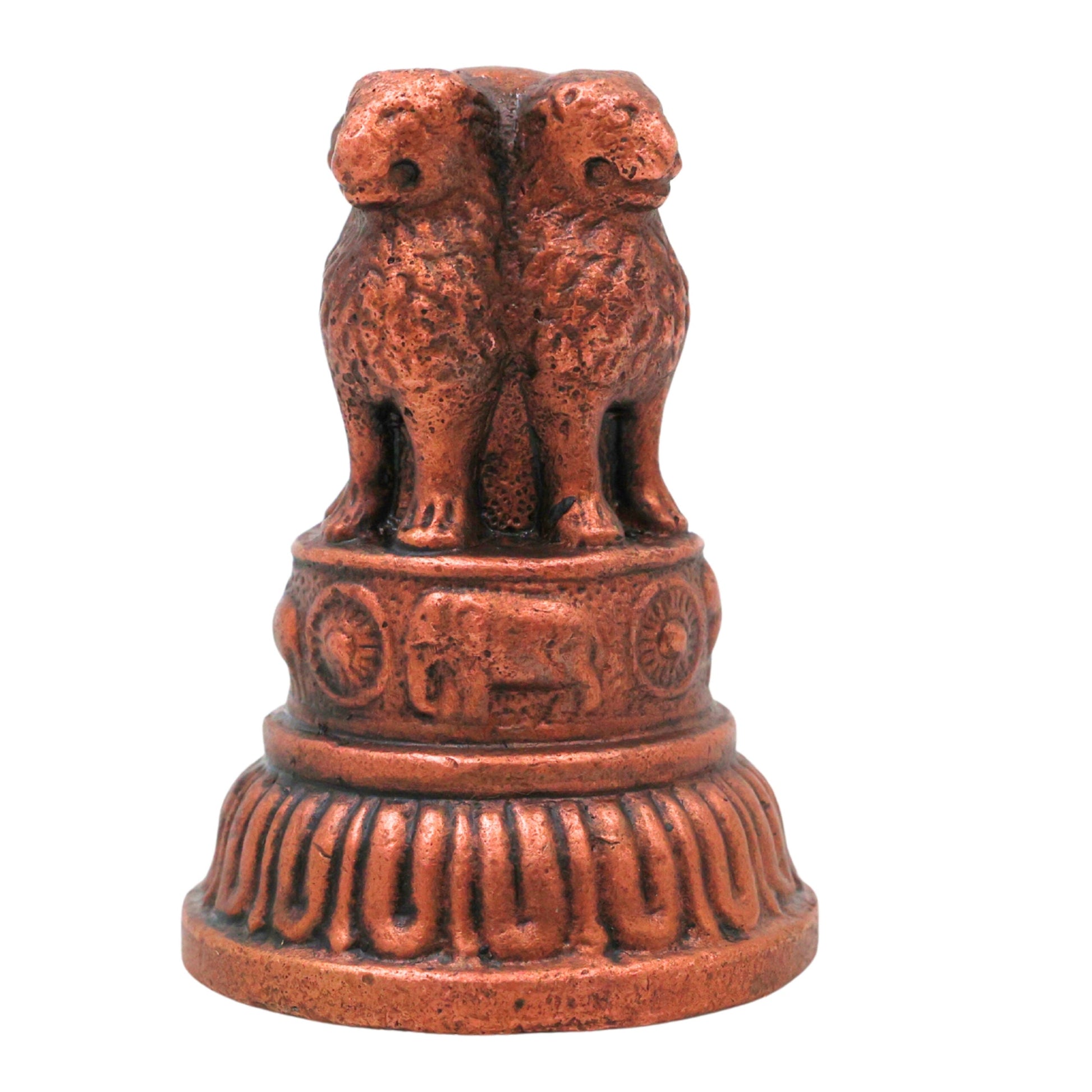 Copper Ashoka Stambh Idol, Handcrafted Ashokan Lion Capital National Emblem Murti, Tamra Tamraloha Rashtriya Chinh Sculpture for Home Office Decor, Brown, 2 Inch, 1 Piece