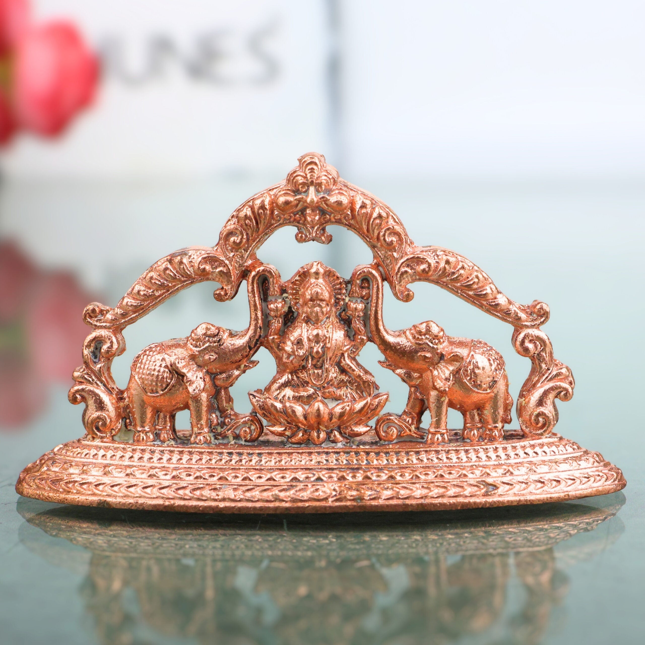 Copper Gaja Lakshmi Idol, Handcrafted Tamra Gajalakshmi Vigraham, Kamala Padma Lakshmi Murti for Pooja, Home Decor & Auspicious Gifts, Brown, 1.5 Inch, 1 Piece