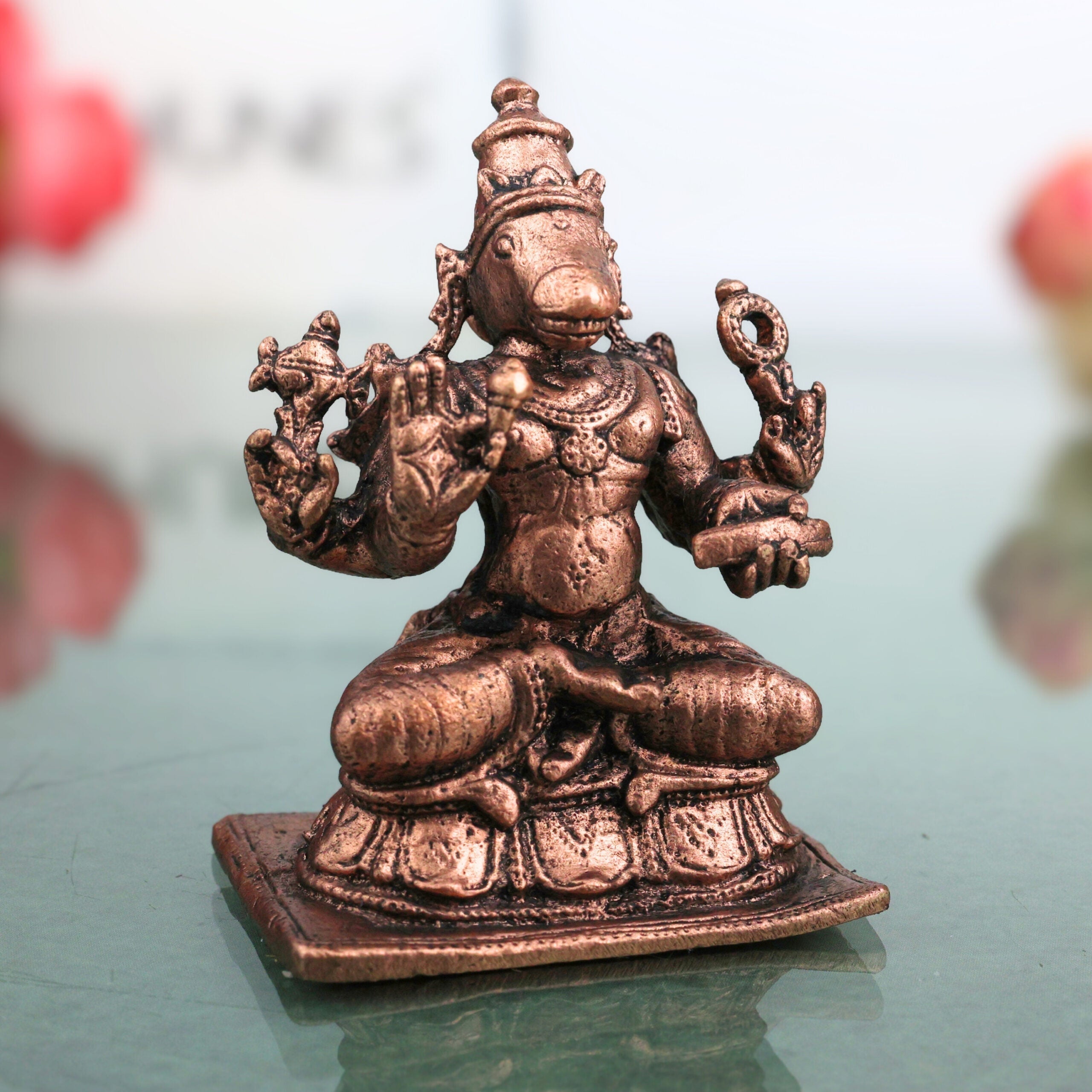 Copper Hayagriva Idol, Handcrafted Sri Hayagriva Swamy Tamraloha Vigraham, Hayagreeva Vishnu Jnana Devata Murti for Pooja, Home Decor & Gifts, Brown, 2.5 Inch, 1 Piece