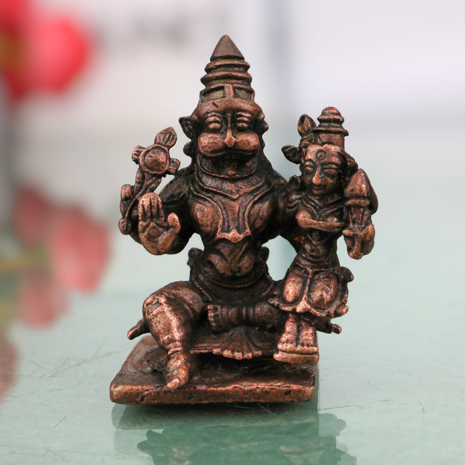 Copper Lakshmi Narasimha Idol, Handcrafted Tamra Lakshmi Narasimhar Swamy Murti, Sri Narasimha Nrusimha Vigraham for Puja, Home Decor & Sacred Gifts, Brown, 2 Inch, 1 Piece