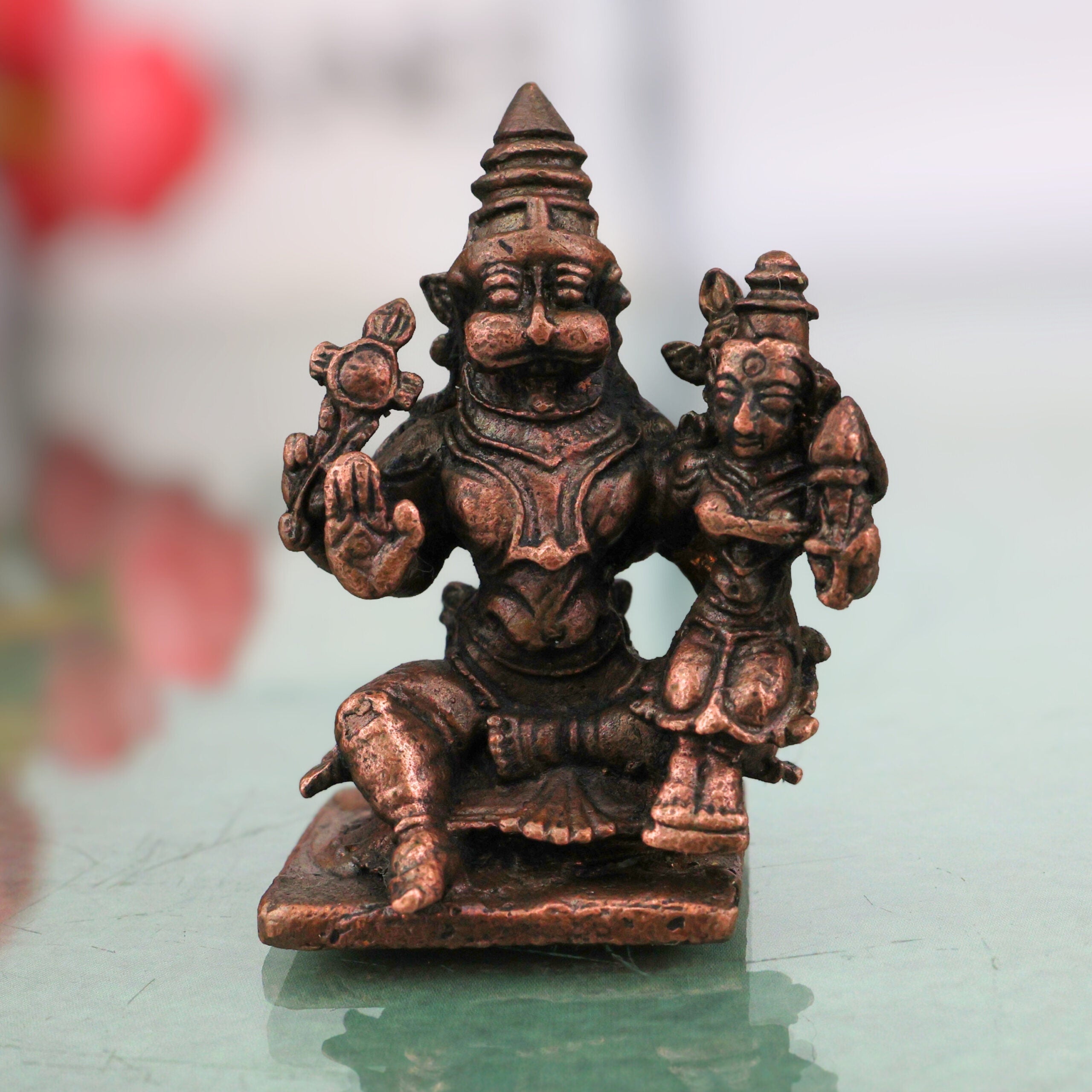 Copper Lakshmi Narasimha Idol, Handcrafted Tamra Lakshmi Narasimhar Swamy Murti, Sri Narasimha Nrusimha Vigraham for Puja, Home Decor & Sacred Gifts, Brown, 2 Inch, 1 Piece