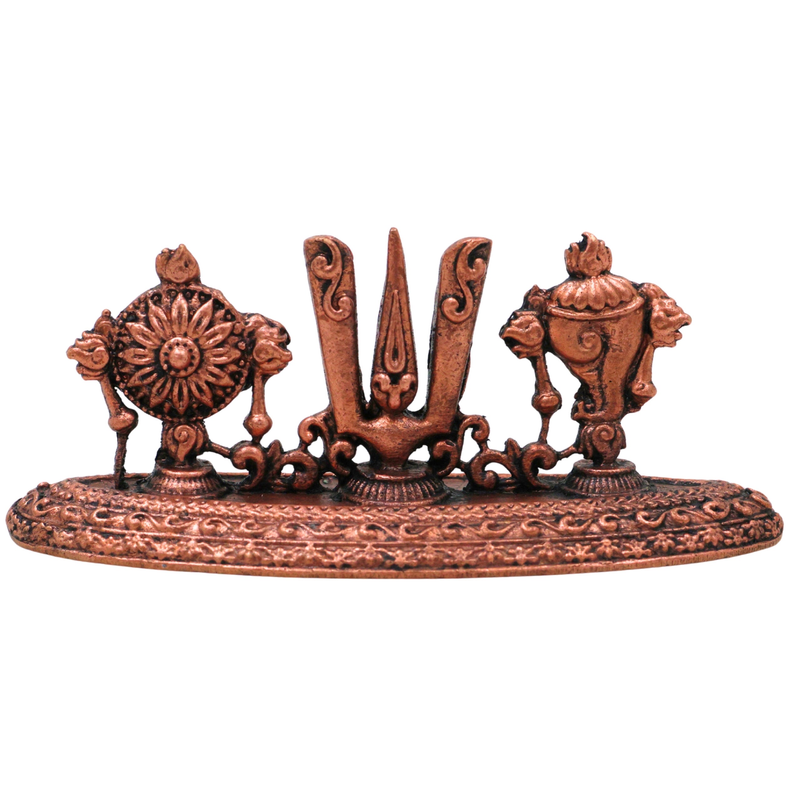 Copper Shankha Chakra Namam Balaji Symbols Idol, Handcrafted Sri Venkateswara Srinivasa Govinda Perumal Thirumal Puja Murti for Home Temple Decor & Gifts, Brown, 1 Inch, 1 Piece