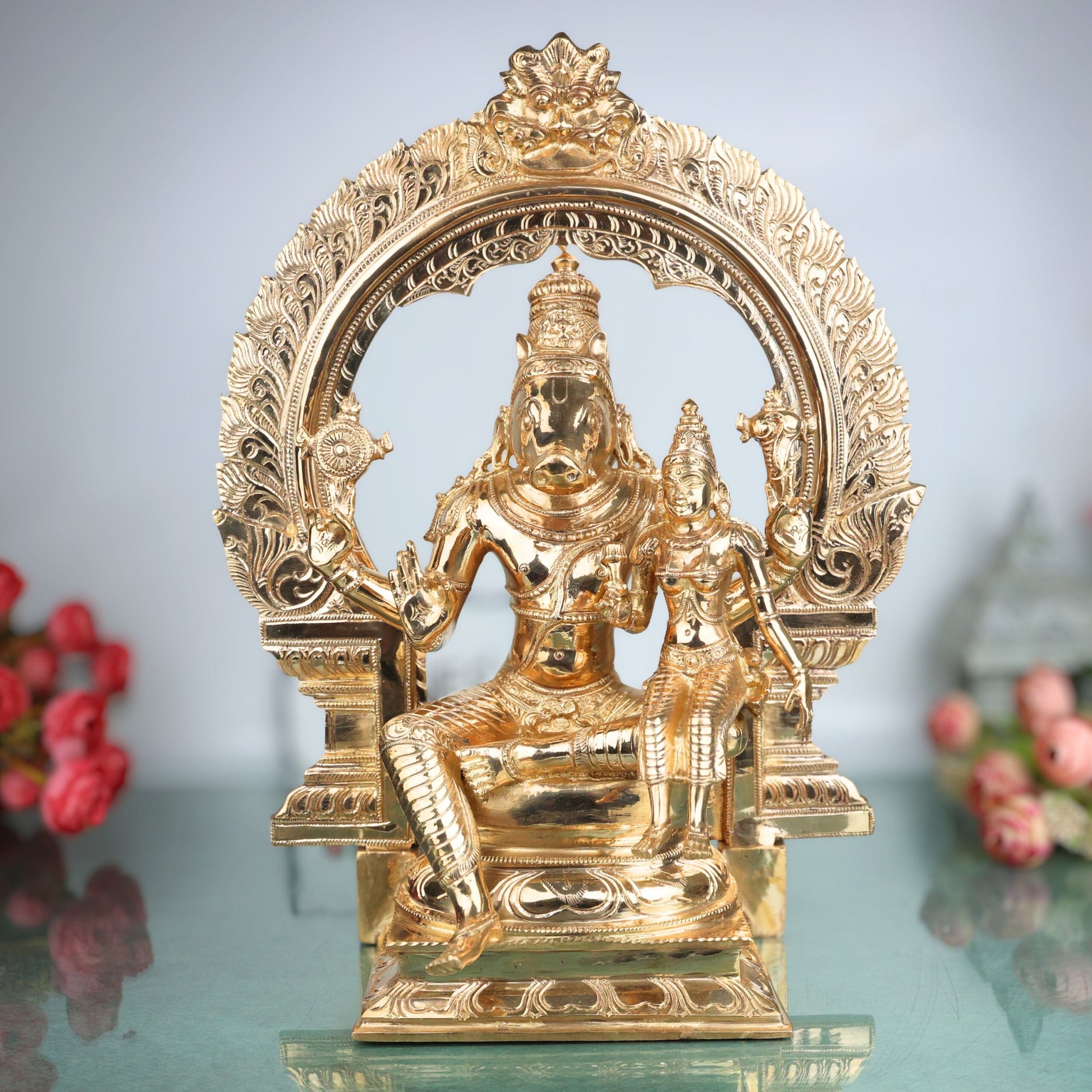 Bronze Varaha Lakshmi Idol, Handcrafted Varahalakshmi Devi Panchaloha Vigraham, South Indian Chola Art Wealth Prosperity Pooja Murti, Gold, 15.5 Inch, 1 Piece