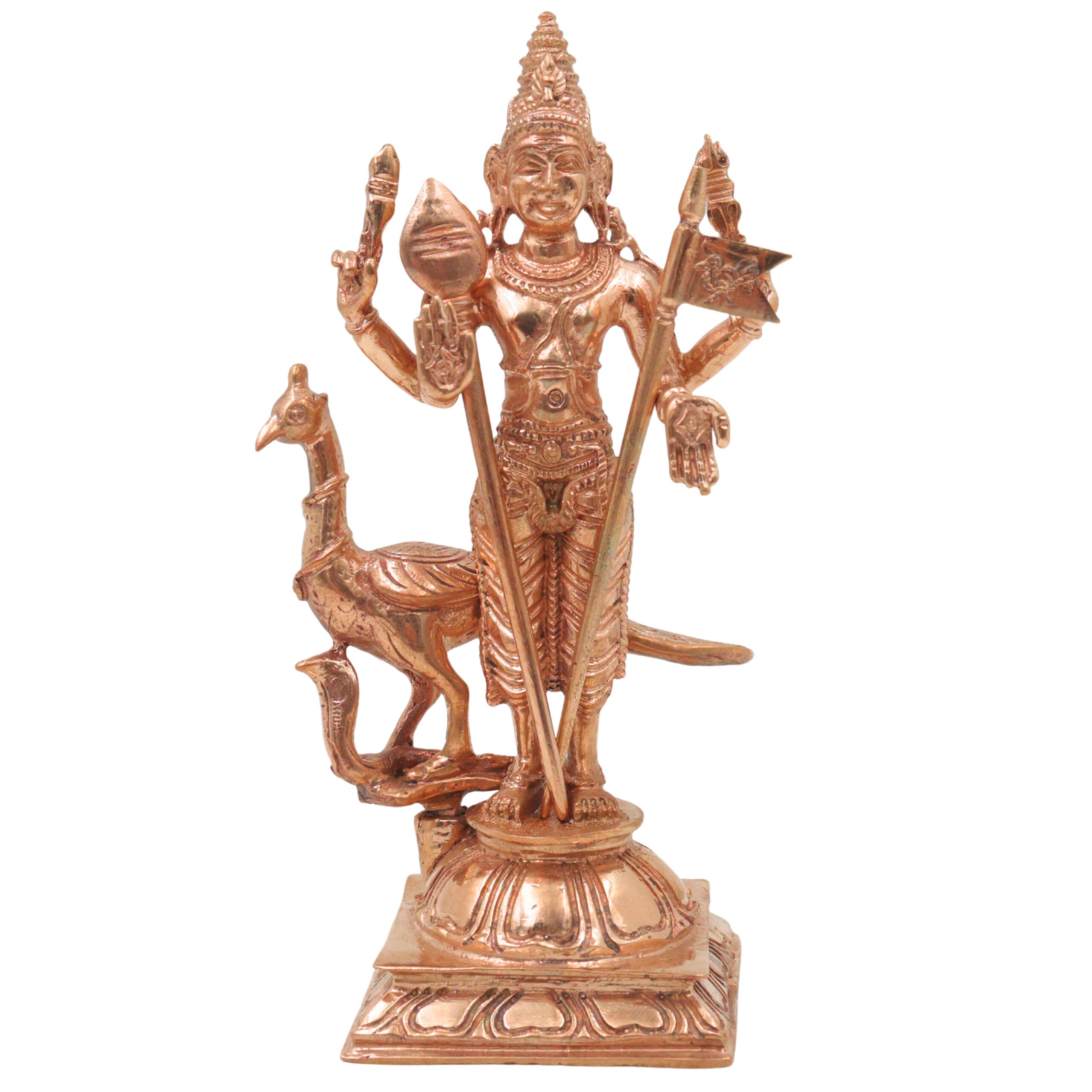 Bronze Murugan Idol, Handcrafted Kartikeya Subramanya Skanda Shanmukha Arumugam Velan Divine South Indian Chola Art Sculpture , Gold, 5 Inch, 1 Piece